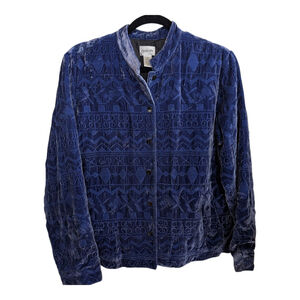Chicos Jacket Womens Blue Silk Blend Aztec Velvet Burnout Size 1 (S/M) Artsy